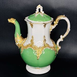 Antique Meissen Porcelain Gold Encrusted B Form Green Coffee Pot Lid  AS IS